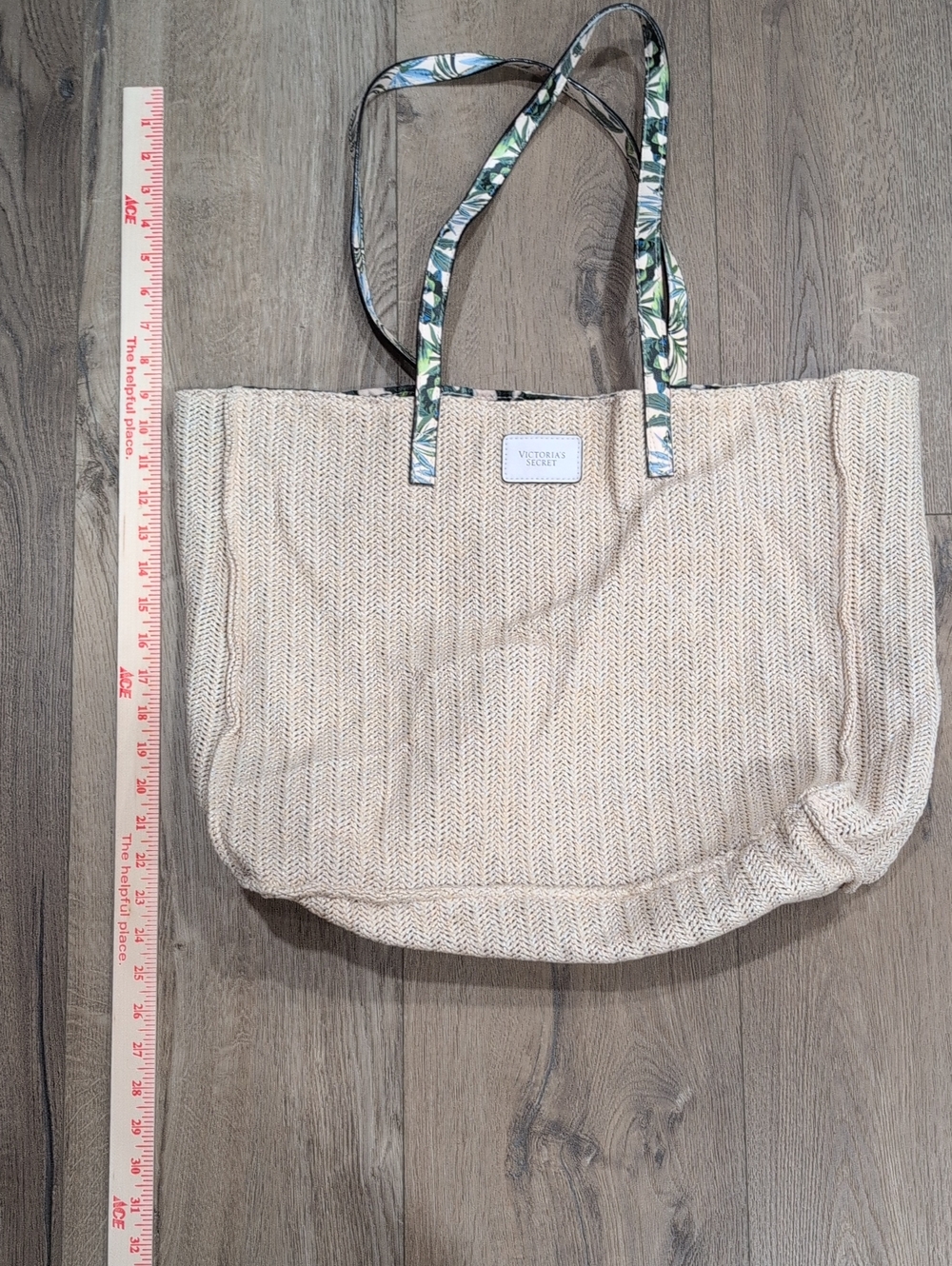 Victoria's Secret Beige Woven Tote with Tropical Print Straps